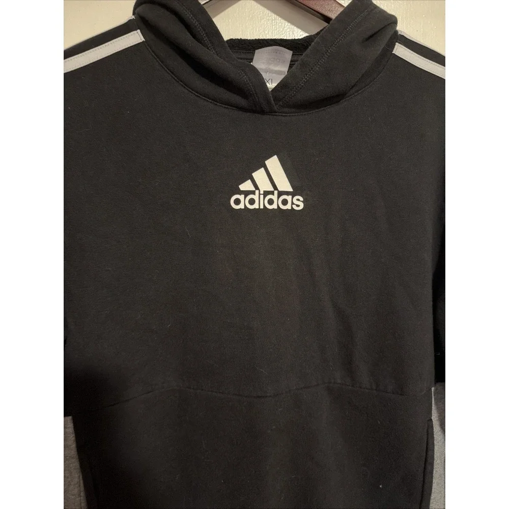 Adidas Boys Pullover Hoodie Black Gray White Fleece Size XL 18/20